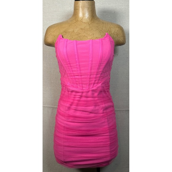 Dresses & Skirts - Hot Pink Ruched Mesh Corset Style Bodycon Mini Dress Small Barbie Coquette